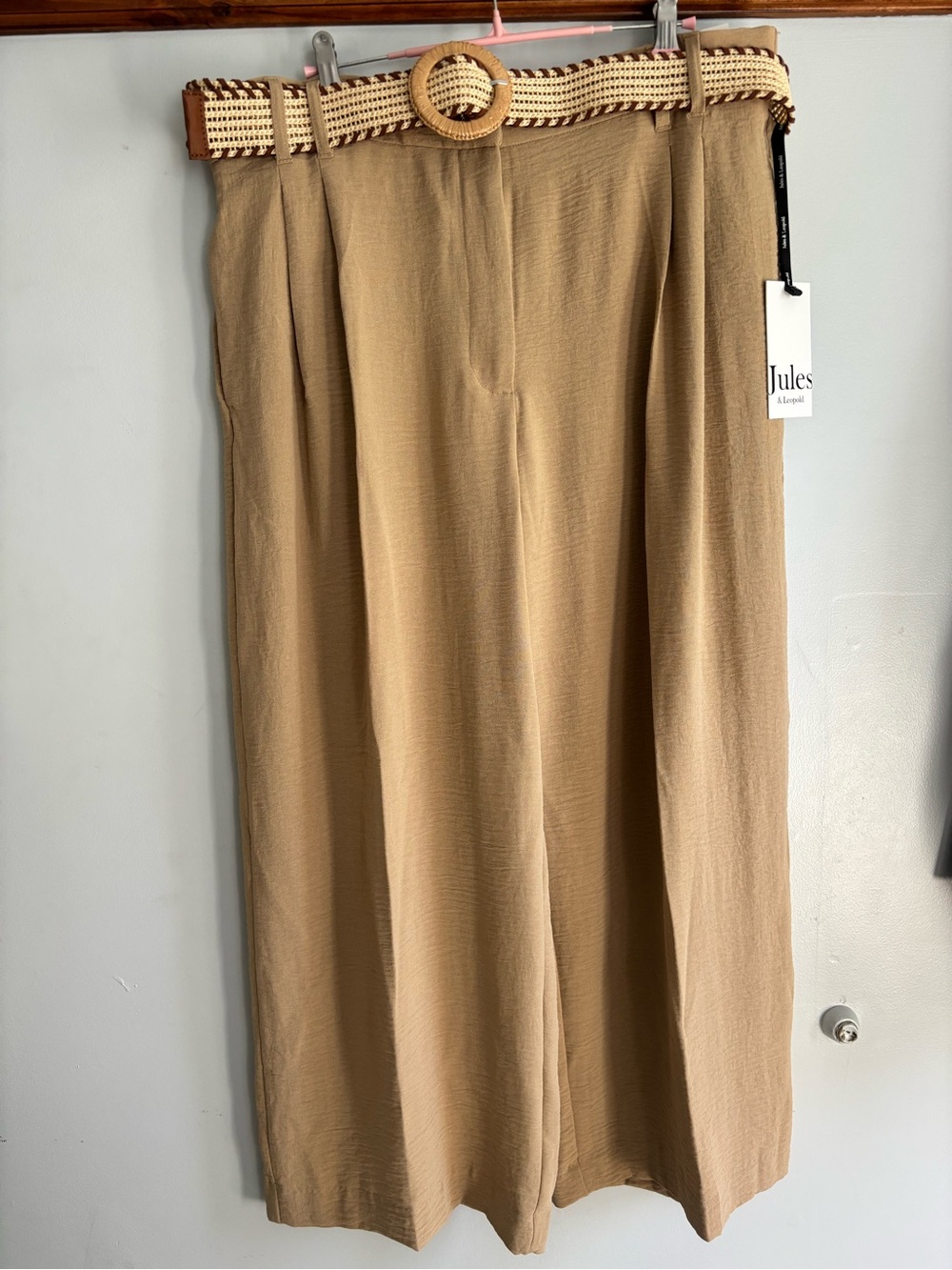 Jules & Leopold Tan High-Waist Wide-Leg pants with Woven Belt NWT